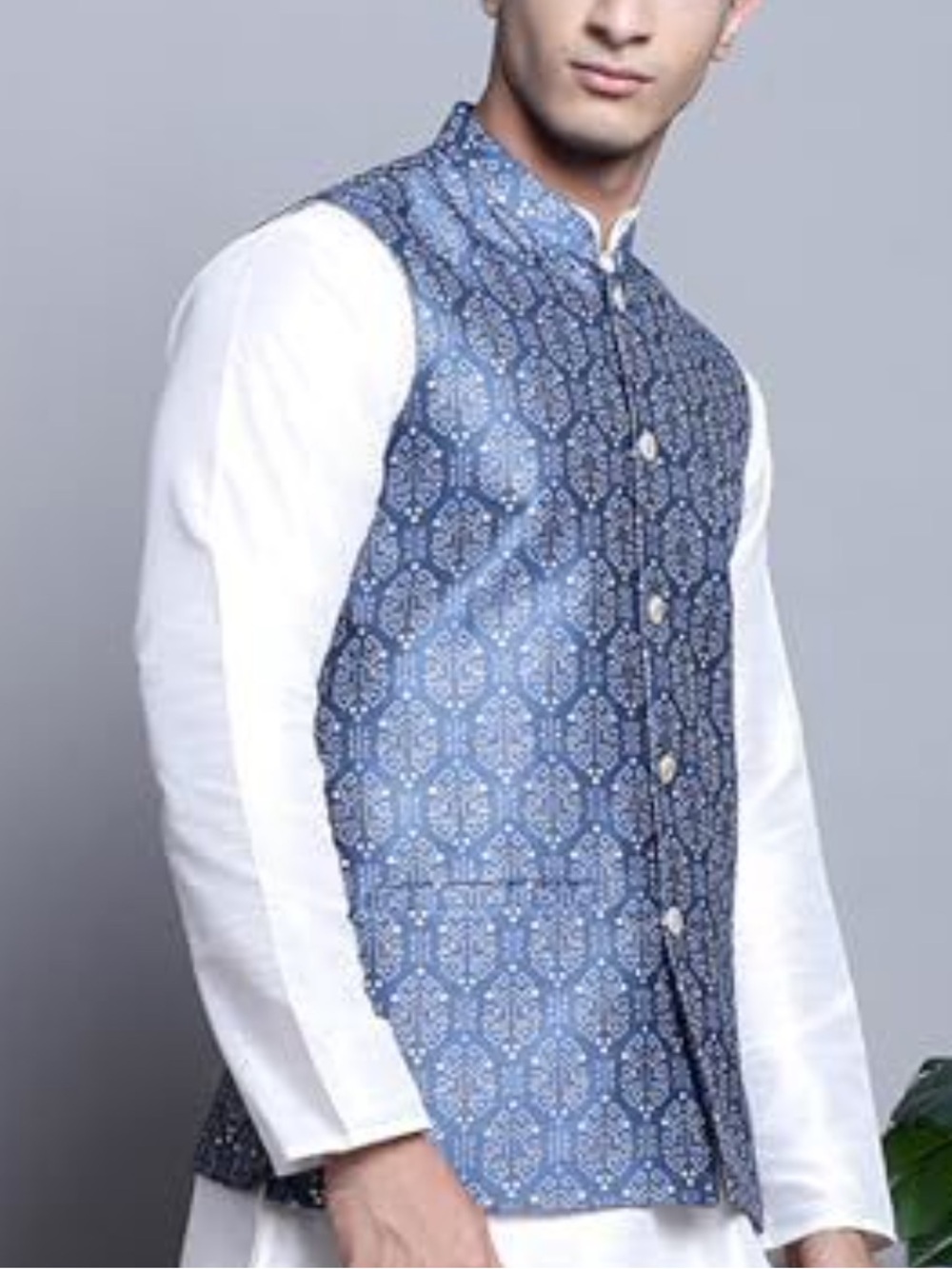 Maple Clothing 38 Men's Nehru Navy Blue Printed Indian Collar Button Down Vest